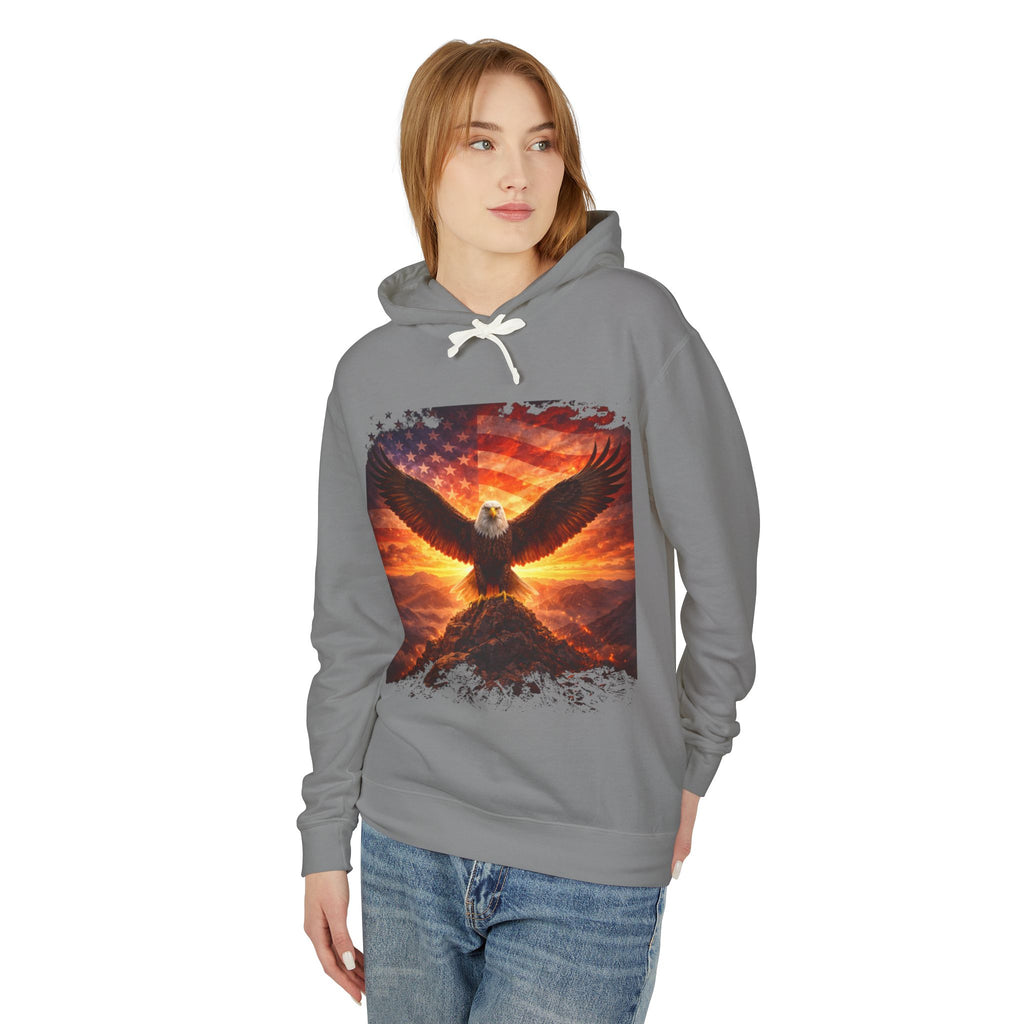 Eagle Rising Hoodie — Patriotic Bald Eagle Sunset Graphic Sweatshirt