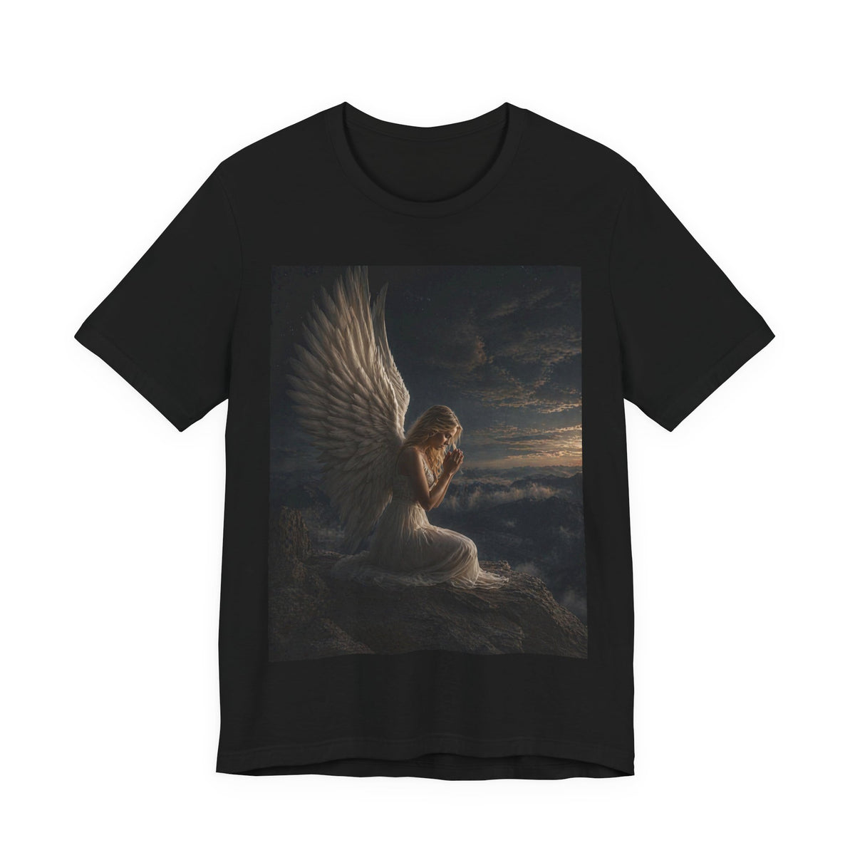 Angel Prayer Graphic Tee — Serene Winged Angel Shirt for Spiritual & Memorial Comfort
