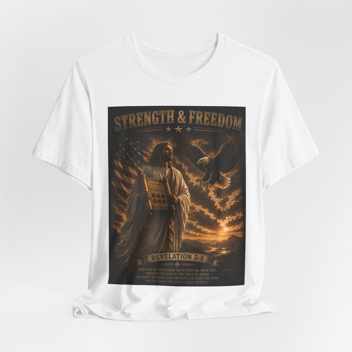 Strength & Freedom T-Shirt — Jesus with Tablets & Eagle, Revelation 20 Christian Tee