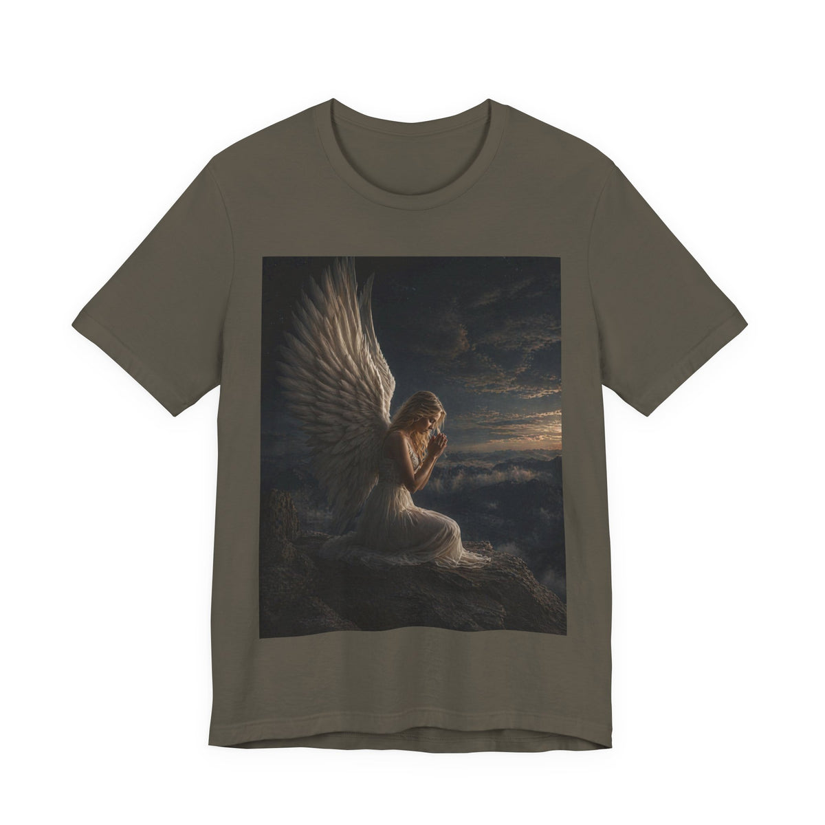 Angel Prayer Graphic Tee — Serene Winged Angel Shirt for Spiritual & Memorial Comfort