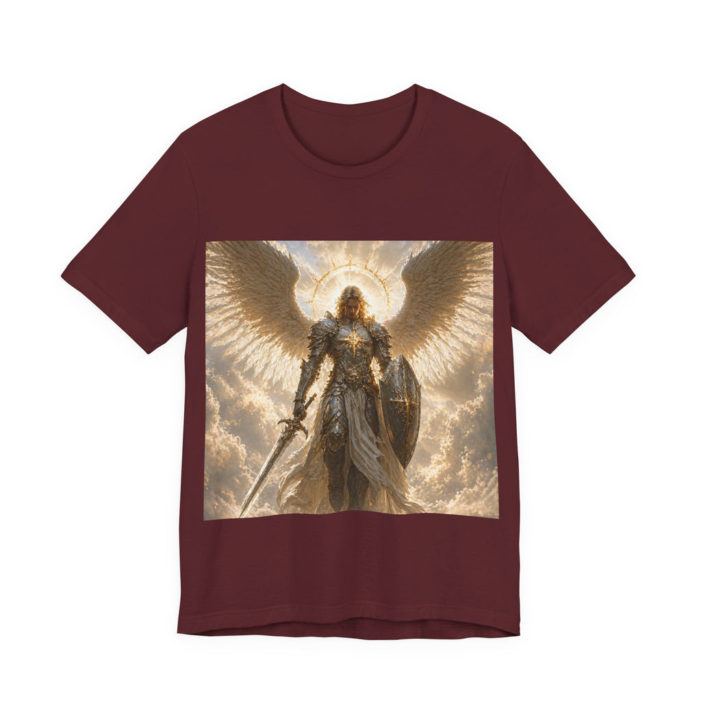 Archangel Warrior Graphic Tee — Golden Angel with Sword & Shield