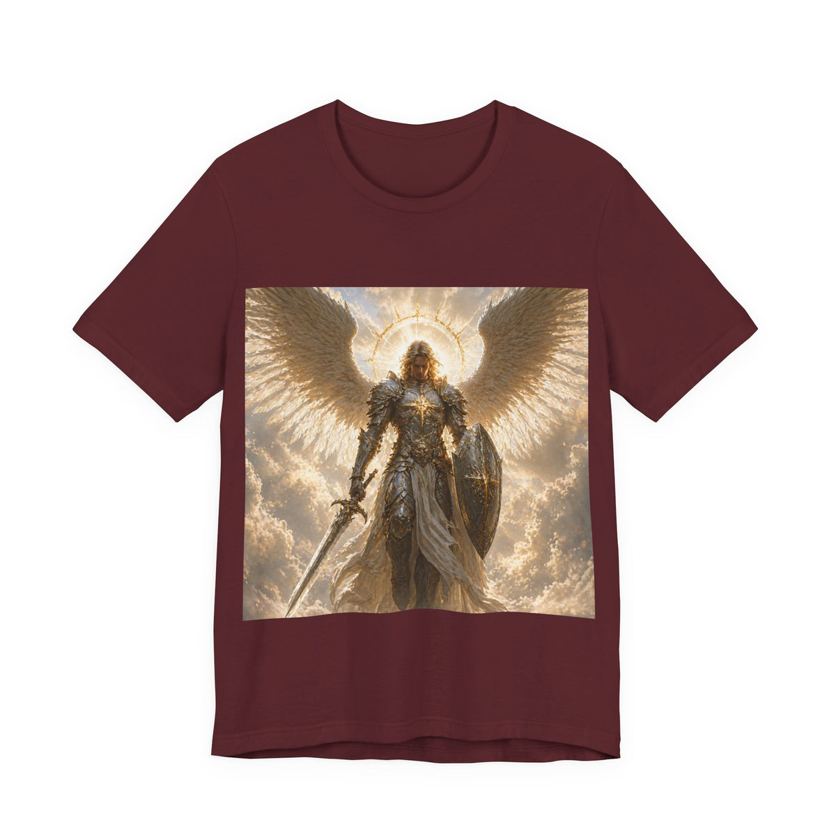 Archangel Warrior Graphic Tee — Golden Angel with Sword & Shield