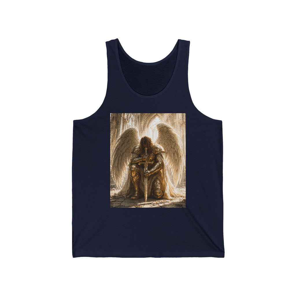 Guardian Angel Tank Top — Kneeling Angel with Sword Spiritual Graphic Tank
