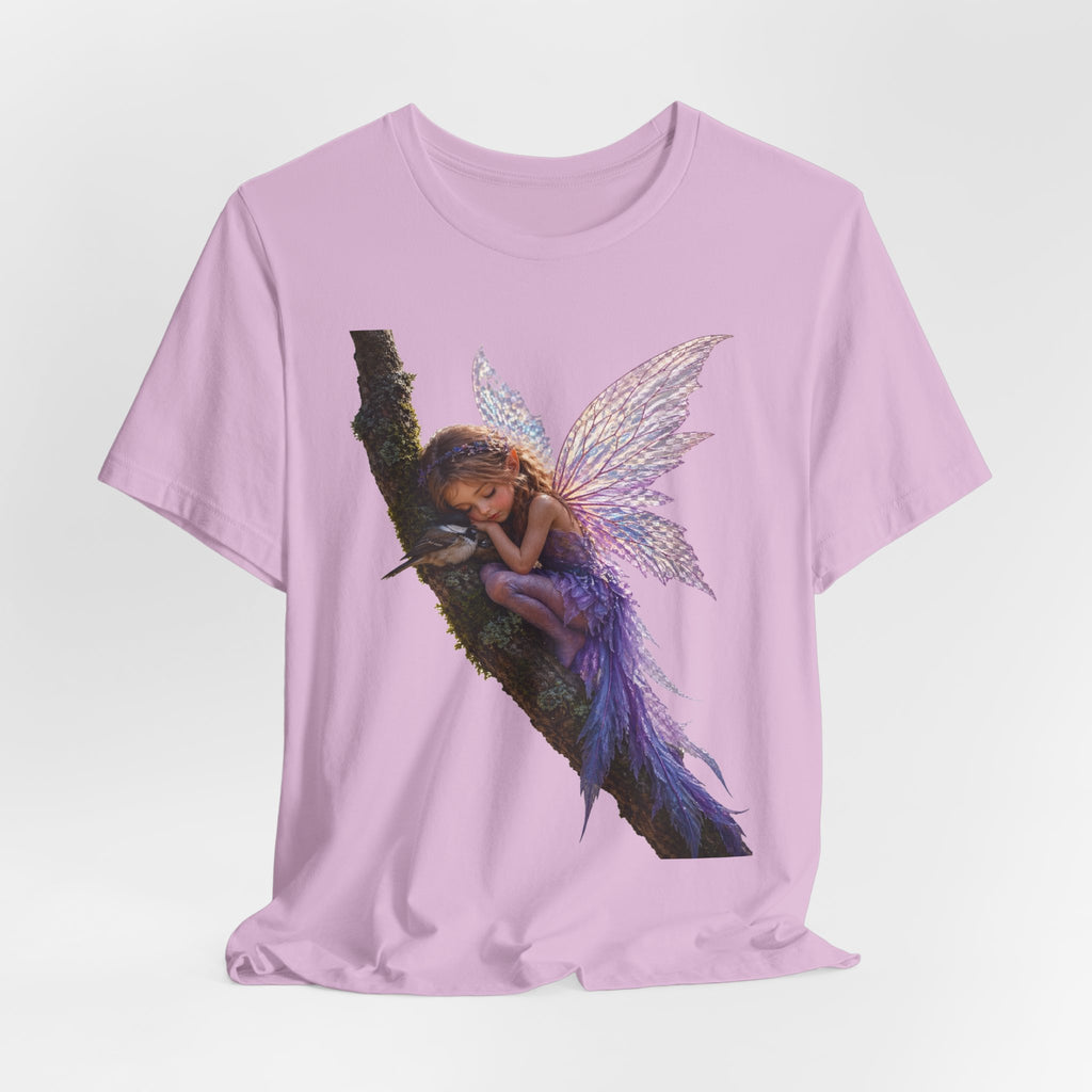 Fairy Sleeping on Branch T-Shirt — Magical Purple Fairy Tee for Women & Girls