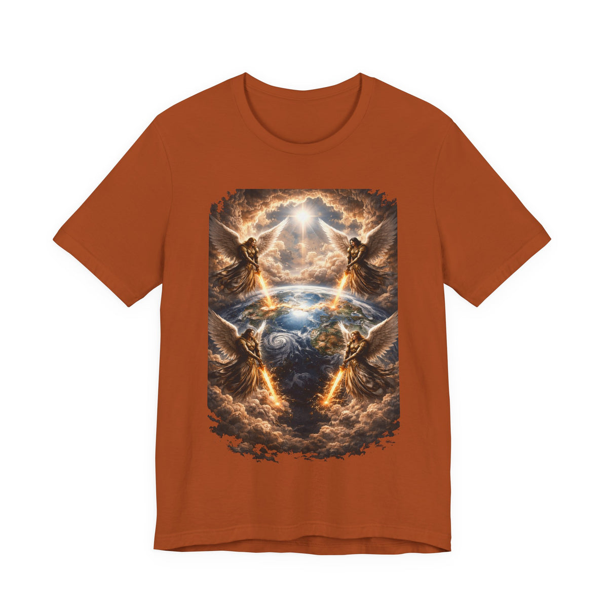 Revelation 7:1 Four angels standing on the four corners of the earth as seen from heaven-when the secound comingis near T‑Shirt — Heavenly Earth & Angels Graphic Tee
