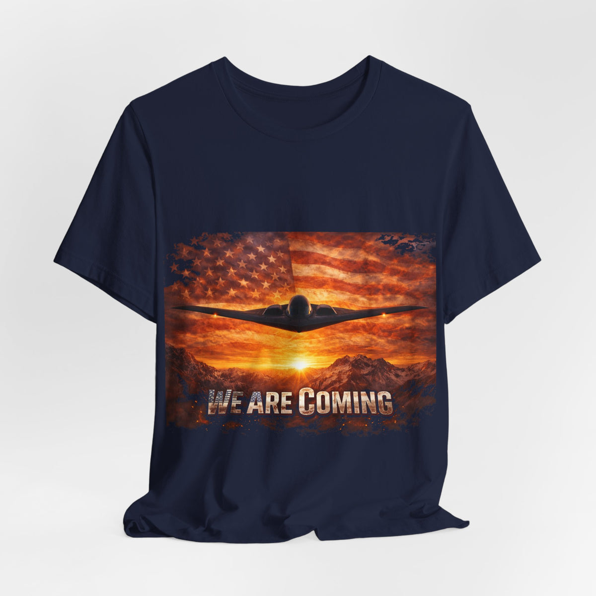 We Are Coming Military T-Shirt – American Flag Bomber Plane Graphic Tee