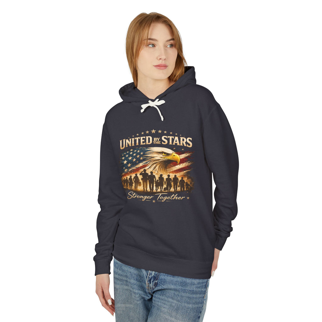 United By The Stars Eagle Flag Hoodie — "Stronger Together" Patriotic Military Veteran Pullover