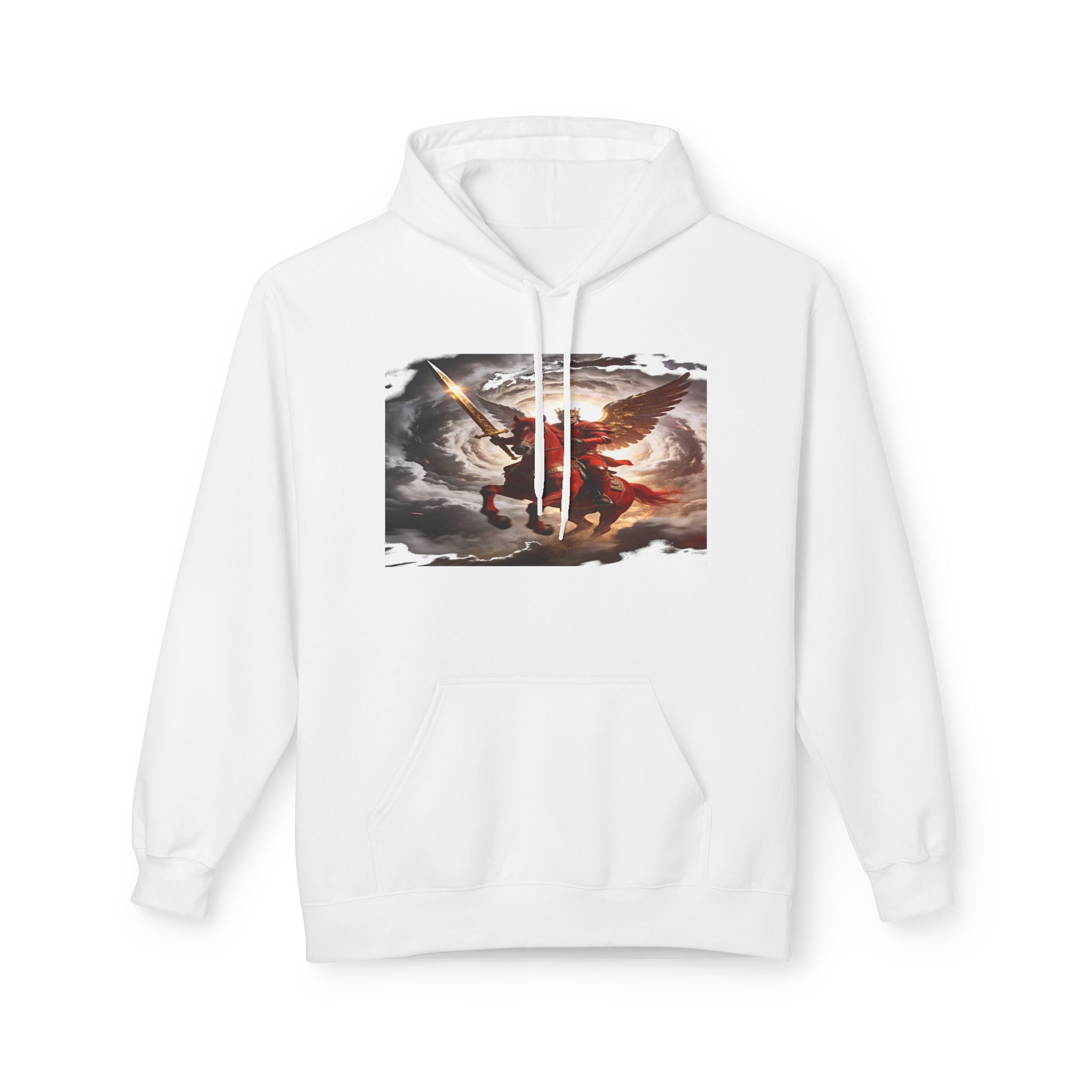 The red horse from Revelation 6:3-4 Angel Warrior Hoodie — Dramatic Archangel Battle Graphic Pullover