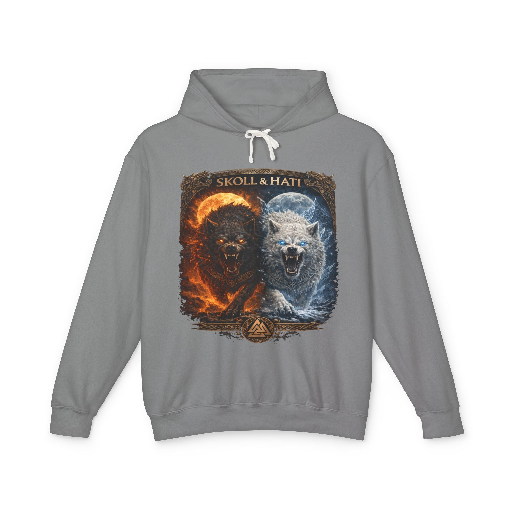 Sköll & Hati Fire and Ice Wolf Hoodie — Viking Myth Wolves Graphic Sweatshirt