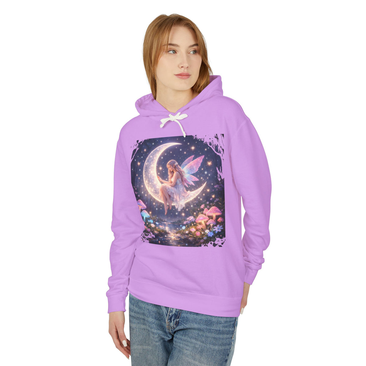 Fairy on the Moon Hoodie — Magical Mushroom Night Sky Pullover