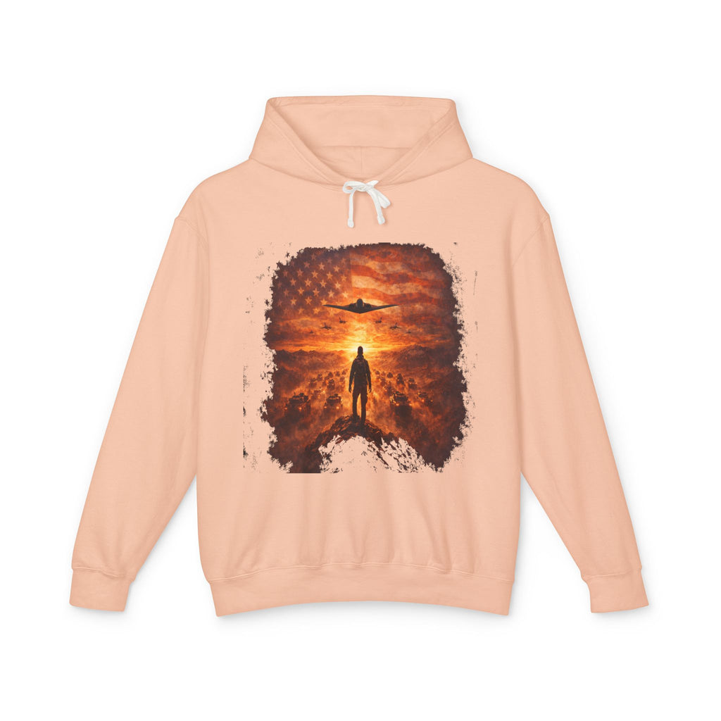 B2 Sprite---Sunset Flag Hoodie — Alien Silhouette American Flag Graphic