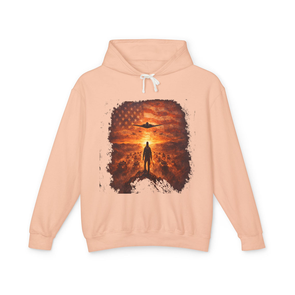 B2 Sprite---Sunset Flag Hoodie — Alien Silhouette American Flag Graphic