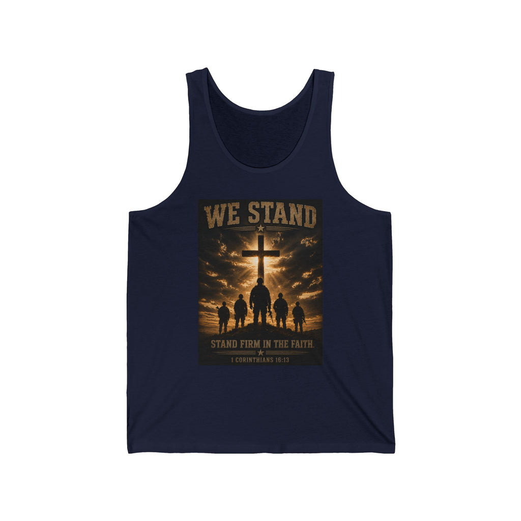 We Stand Christian Tank Top — Stand Firm in the Faith Cross Silhouette Tank