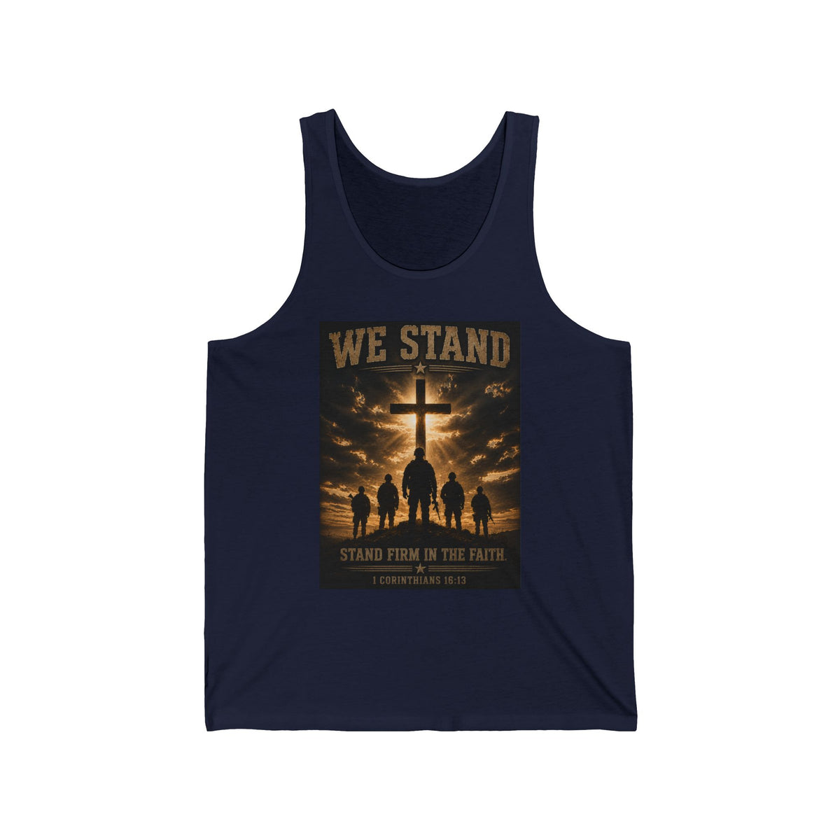 We Stand Christian Tank Top — Stand Firm in the Faith Cross Silhouette Tank