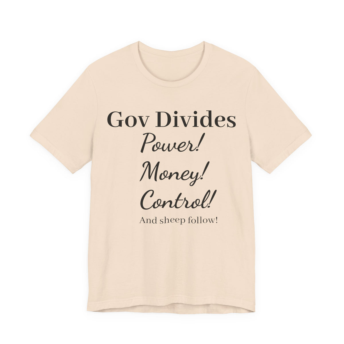 Gov Divides T‑Shirt – "Gov Divides: Power! Money! Control!" Political Statement Tee