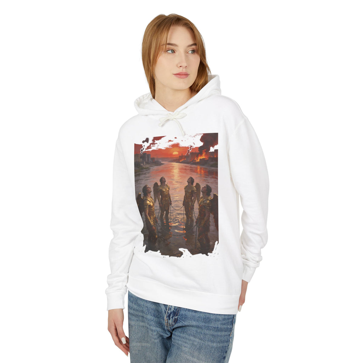 Revelation 9 reveals four fallen angels bound in the Euphrates River  Crew Hooded Sweatshirt