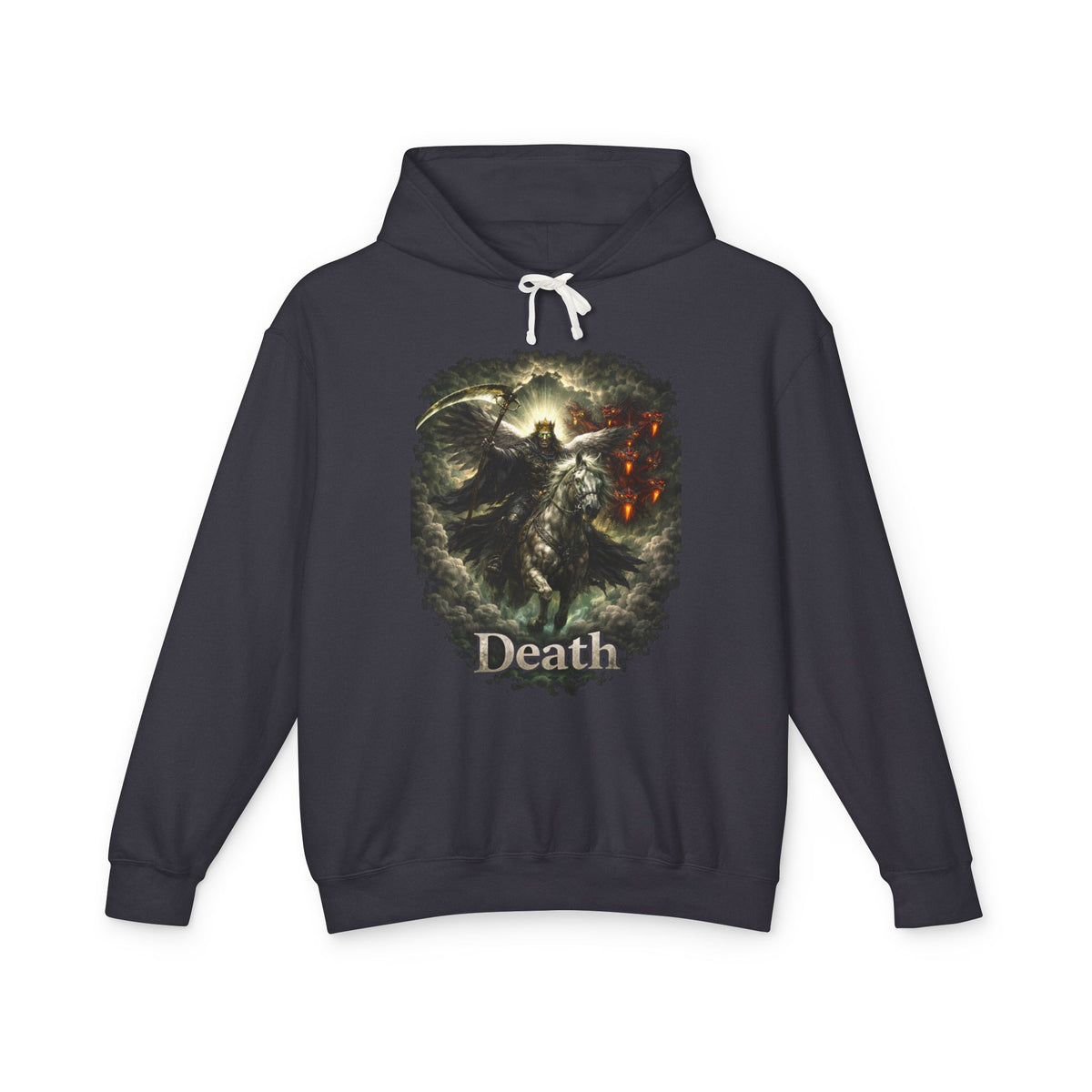 Revelation 6:7-8! And on the Pale horse was a rider  as an angle dress as death and he wore a crown !Death Reaper Graphic Hoodie — Gothic Dark Fantasy Pullover