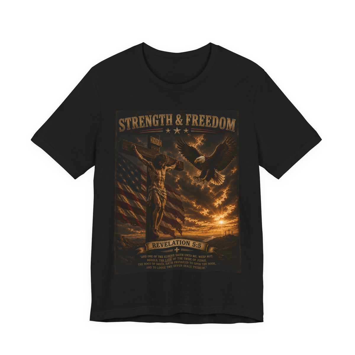 Strength & Freedom Christian T‑Shirt – Revelation 12:11 Eagle & Cross Faith Tee