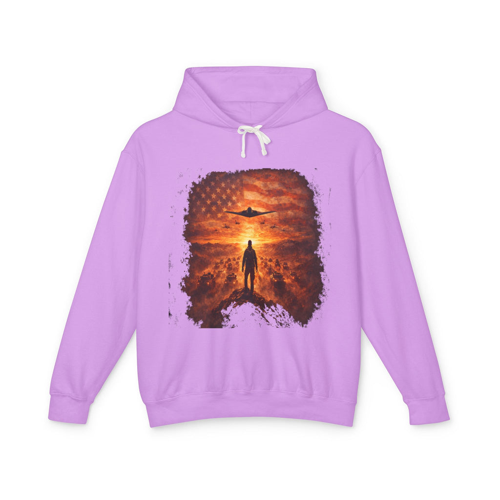 B2 Sprite---Sunset Flag Hoodie — Alien Silhouette American Flag Graphic