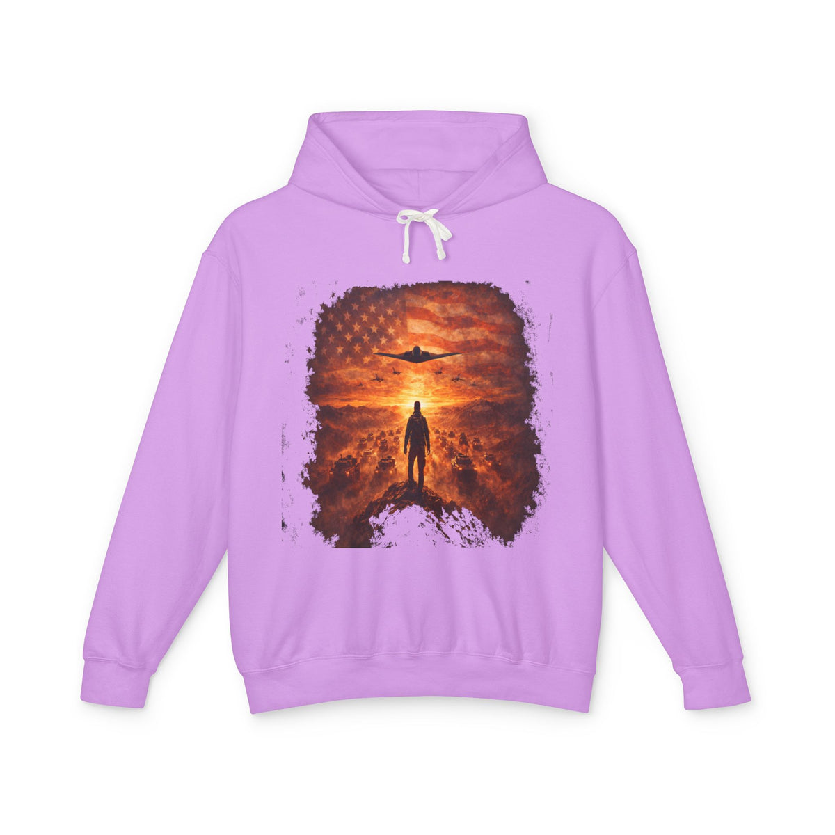 B2 Sprite---Sunset Flag Hoodie — Alien Silhouette American Flag Graphic