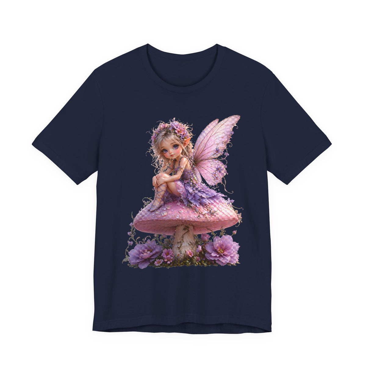 Fairy on Mushroom T-Shirt — Cute Pink Butterfly Fairy Graphic Tee for Kids & Adults