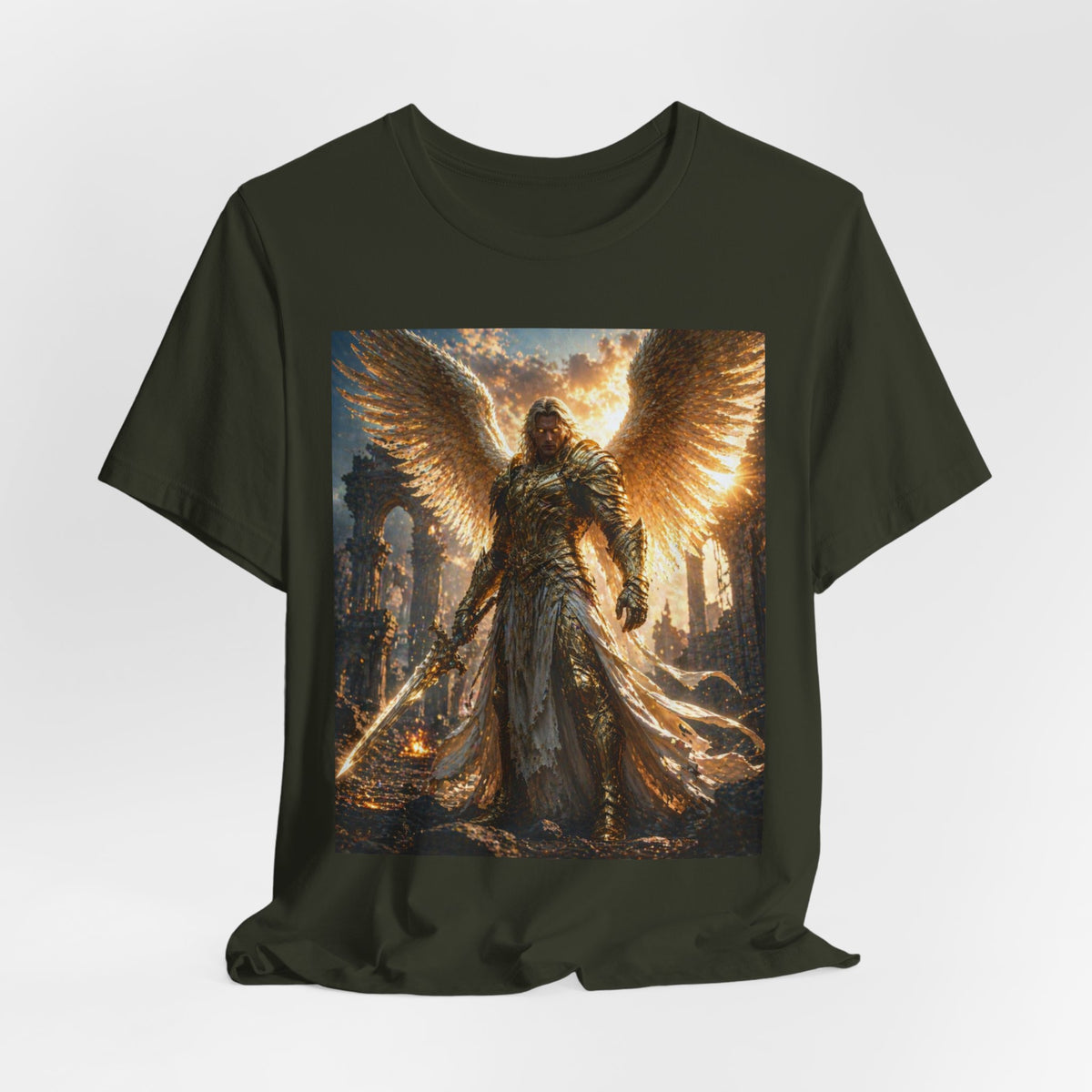 Angel Warrior Graphic Tee — Golden Archangel Battle Scene T-Shirt