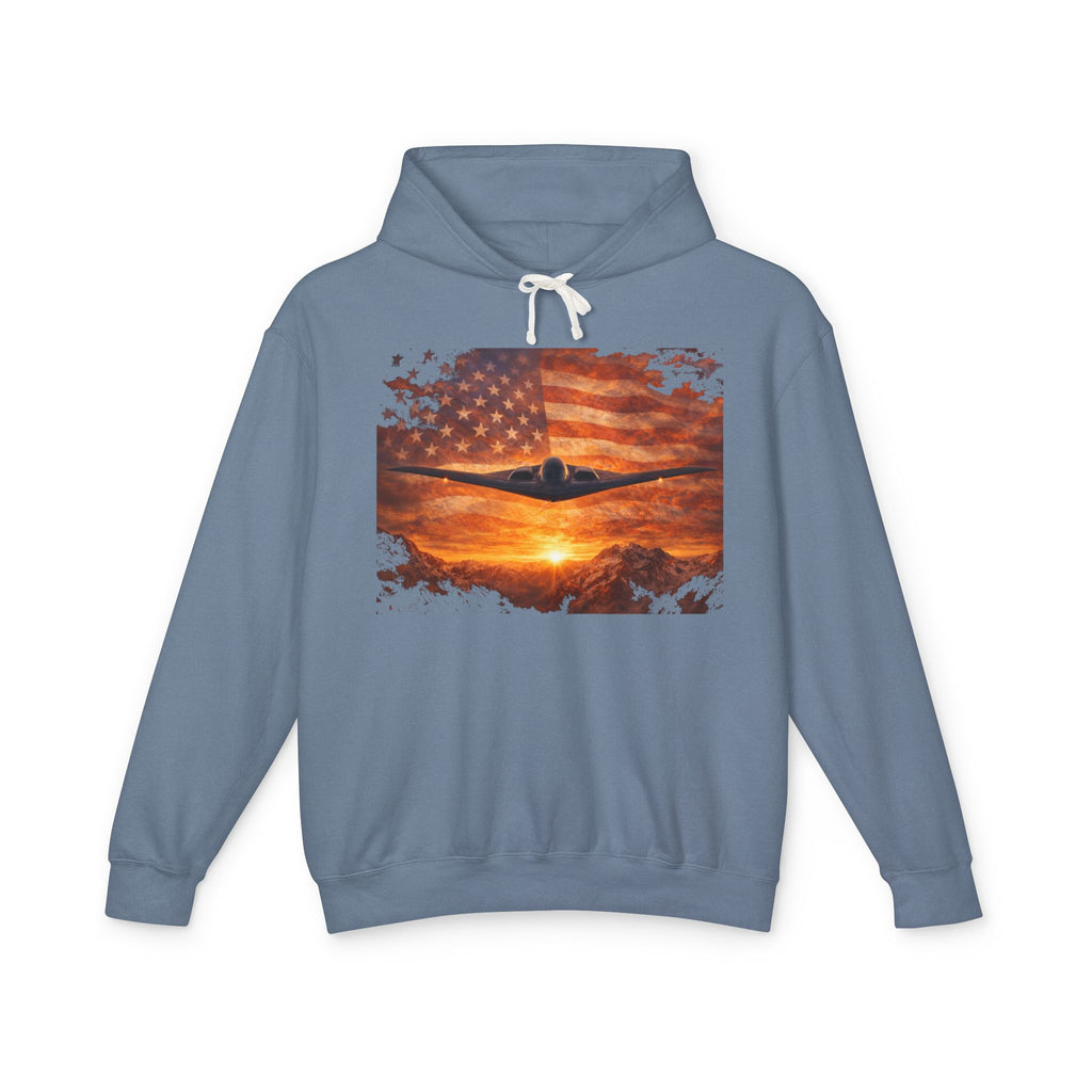 B-2 Stealth Bomber Flag Hoodie — American Aviation Sunset Pullover