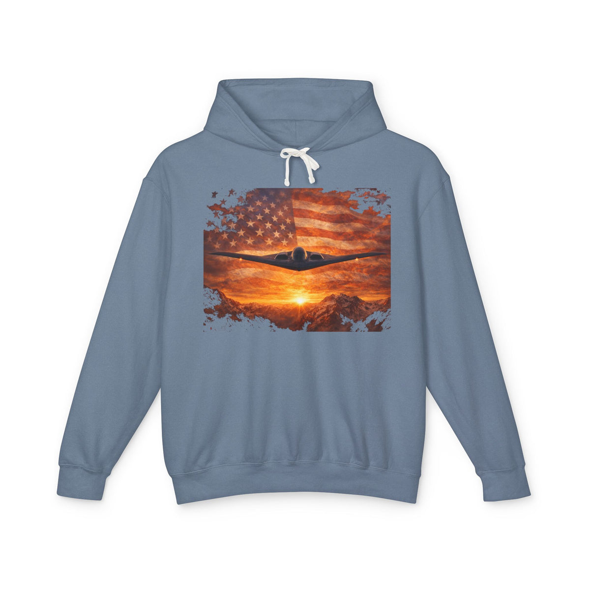 B-2 Stealth Bomber Flag Hoodie — American Aviation Sunset Pullover