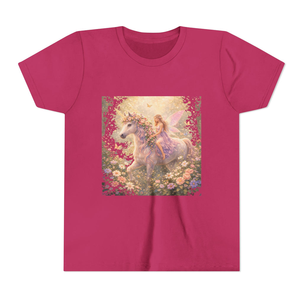 Youth Tee — Magical Fairy Riding Unicorn in Floral Garden Kids Shirt