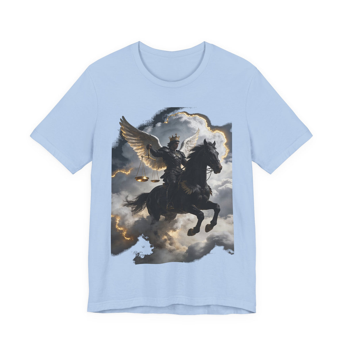 Revelation 6:5-6! And on the horse was a rider with wings as an angle dress as an warrior in black holding a golden a pair of scalesT‑Shirt — Winged Knight Graphic Tee