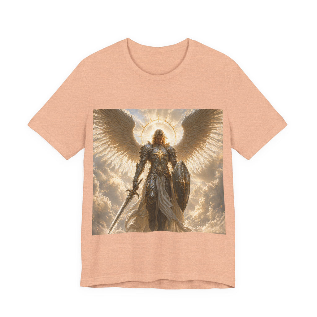 Archangel Warrior Graphic Tee — Golden Angel with Sword & Shield