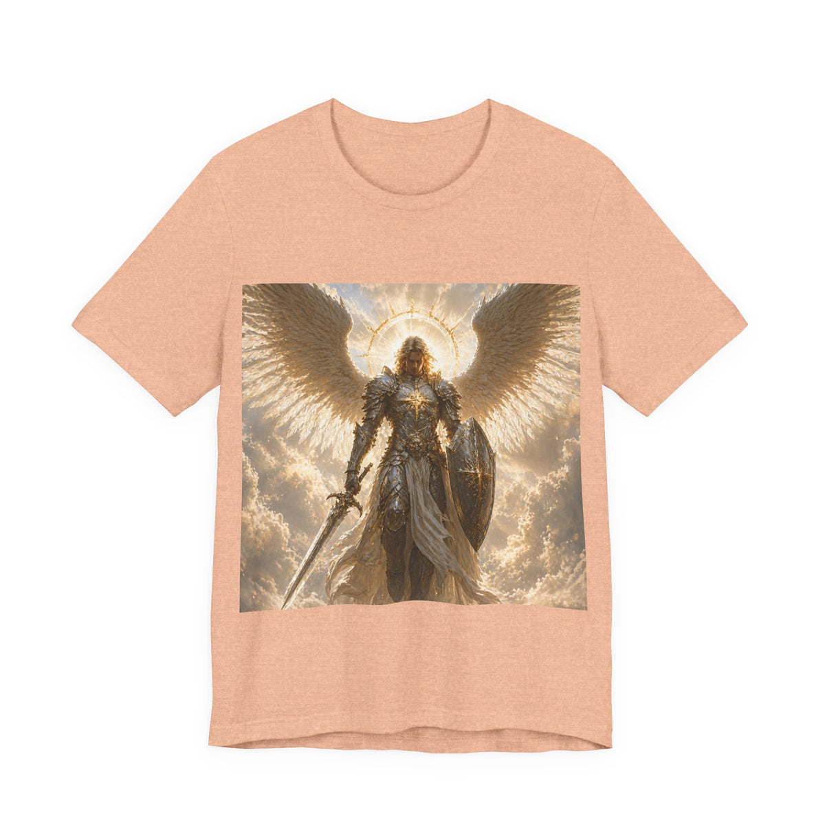 Archangel Warrior Graphic Tee — Golden Angel with Sword & Shield