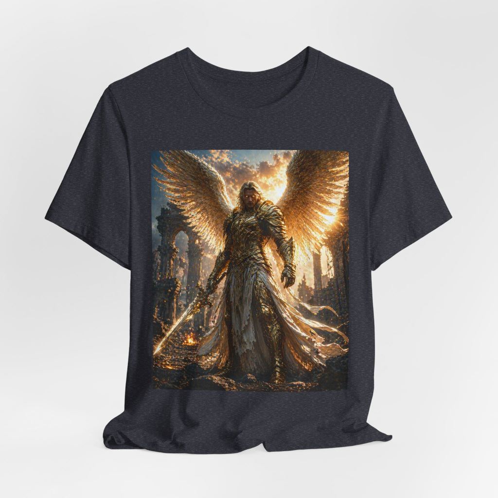 Angel Warrior Graphic Tee — Golden Archangel Battle Scene T-Shirt