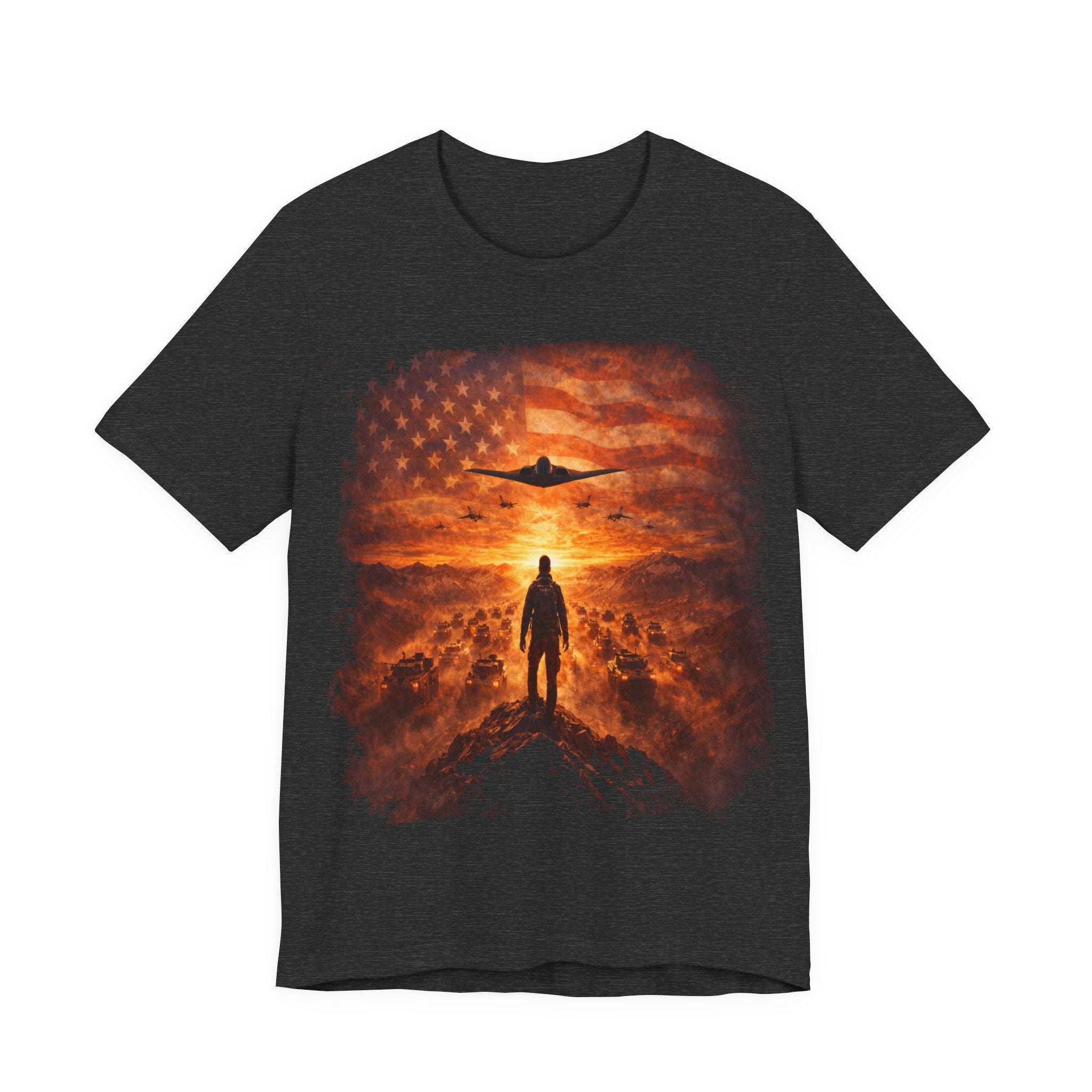 USA-Military Aviation T-Shirt — Bomber Silhouette with American Flag Sunset