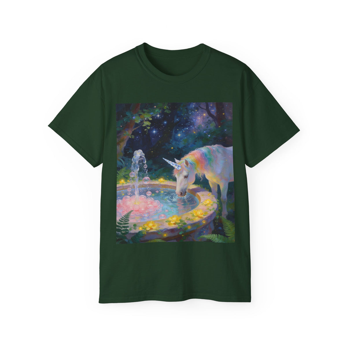 Copy of Unicorn Night Garden Tee — Rainbow Unicorn at Moonlit Fountain T-Shirt