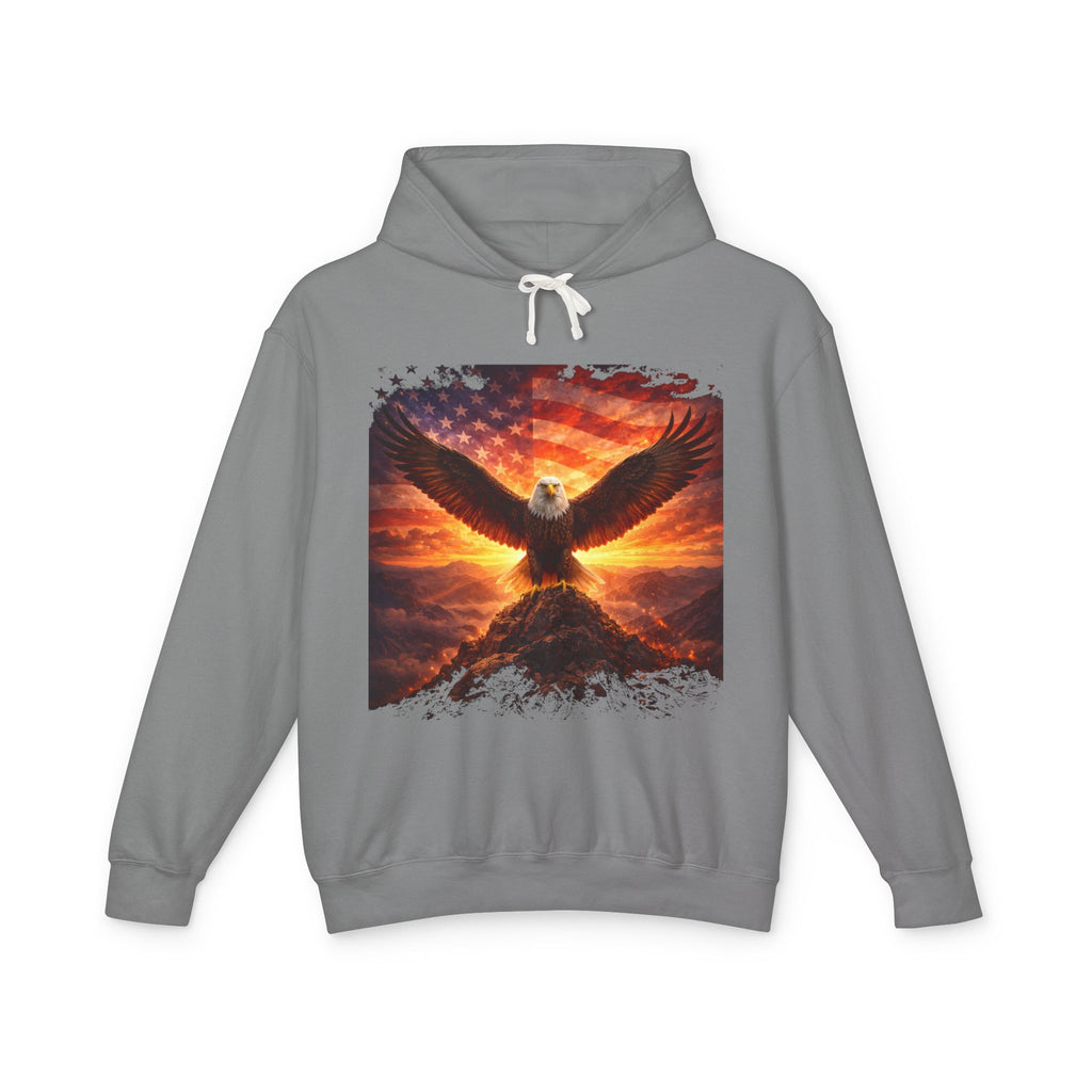 Eagle Rising Hoodie — Patriotic Bald Eagle Sunset Graphic Sweatshirt