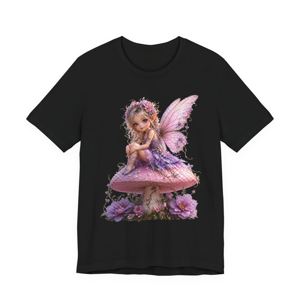 Fairy on Mushroom T-Shirt — Cute Pink Butterfly Fairy Graphic Tee for Kids & Adults