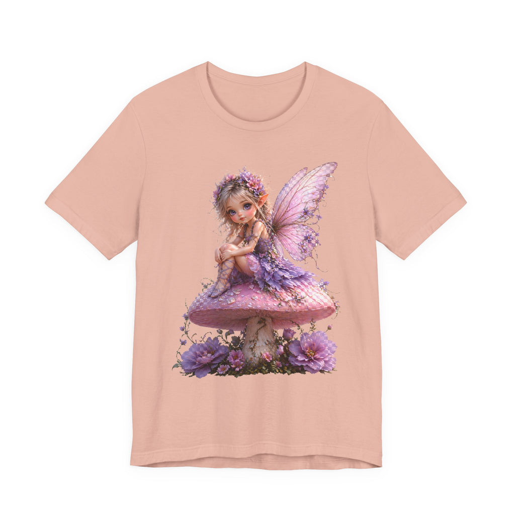 Fairy on Mushroom T-Shirt — Cute Pink Butterfly Fairy Graphic Tee for Kids & Adults