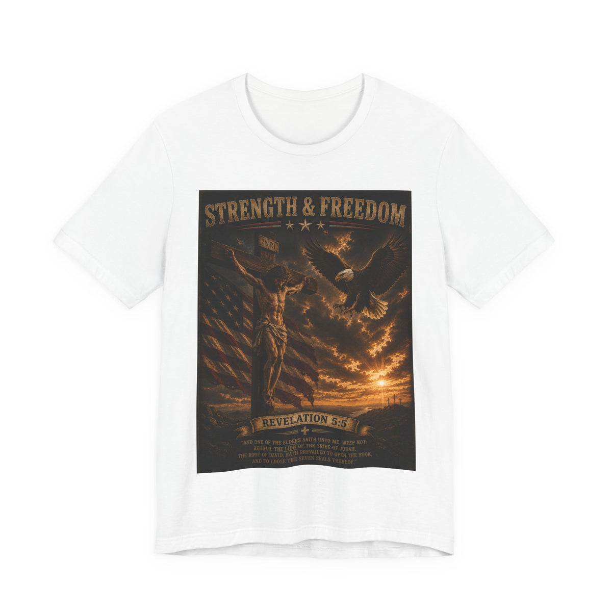 Strength & Freedom Christian T‑Shirt – Revelation 12:11 Eagle & Cross Faith Tee