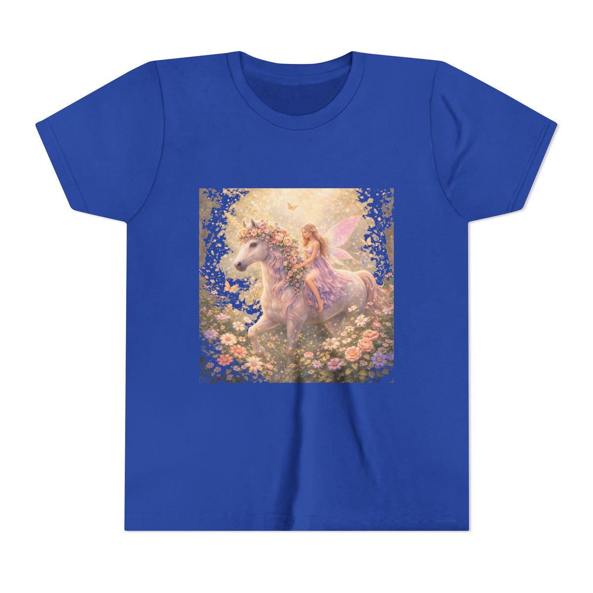 Youth Tee — Magical Fairy Riding Unicorn in Floral Garden Kids Shirt