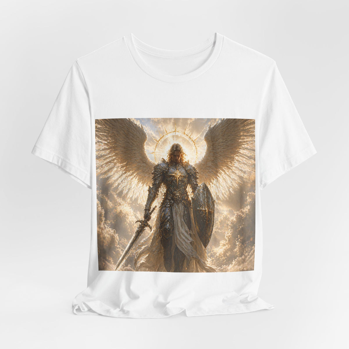 Archangel Warrior Graphic Tee — Golden Angel with Sword & Shield
