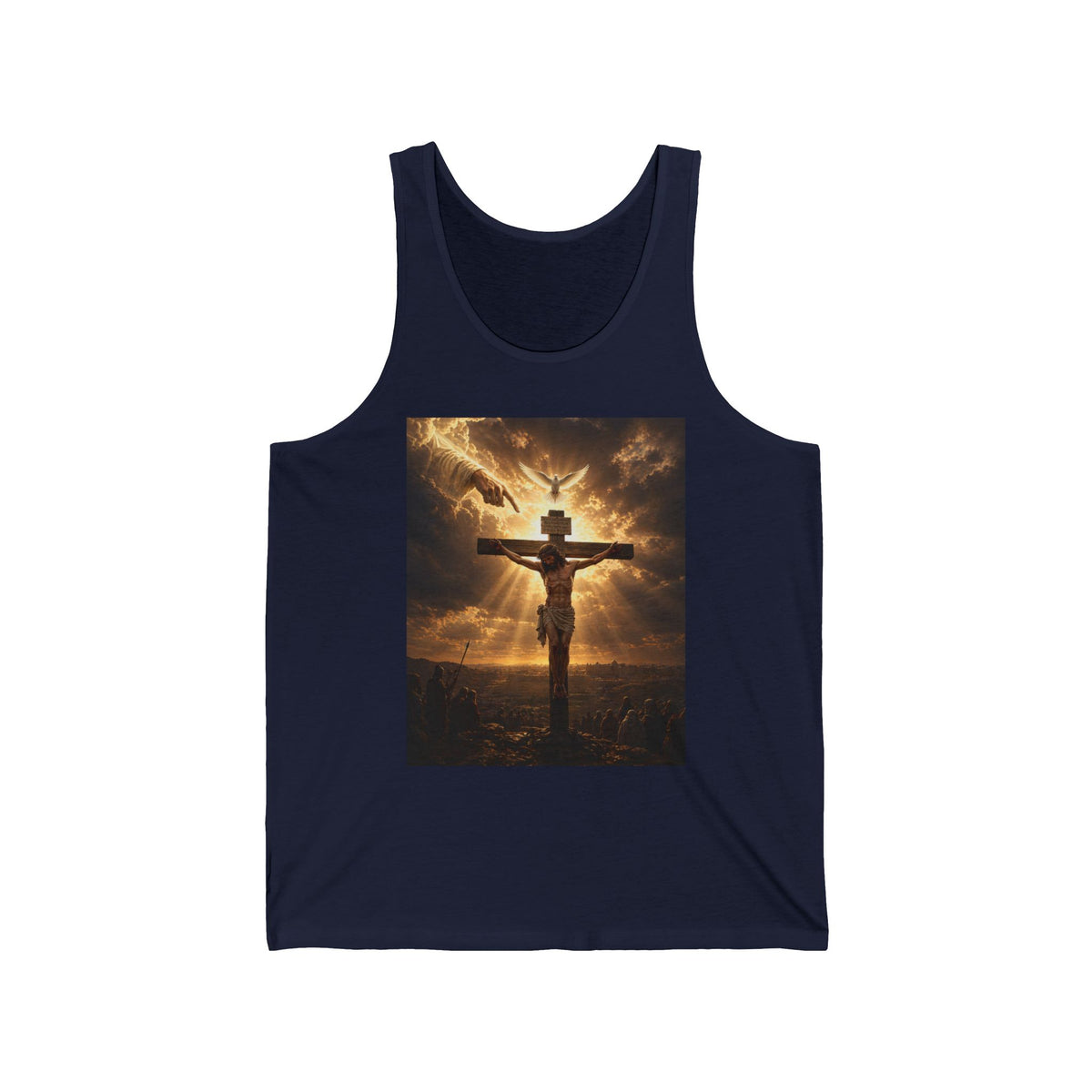Christian Crucifixion Tank Top — Jesus on the Cross with Dove & Radiant Light