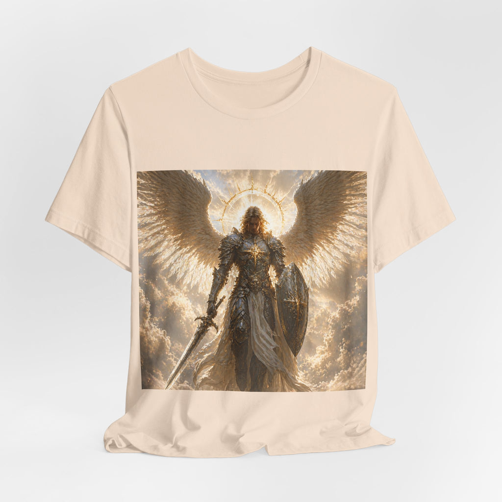 Archangel Warrior Graphic Tee — Golden Angel with Sword & Shield