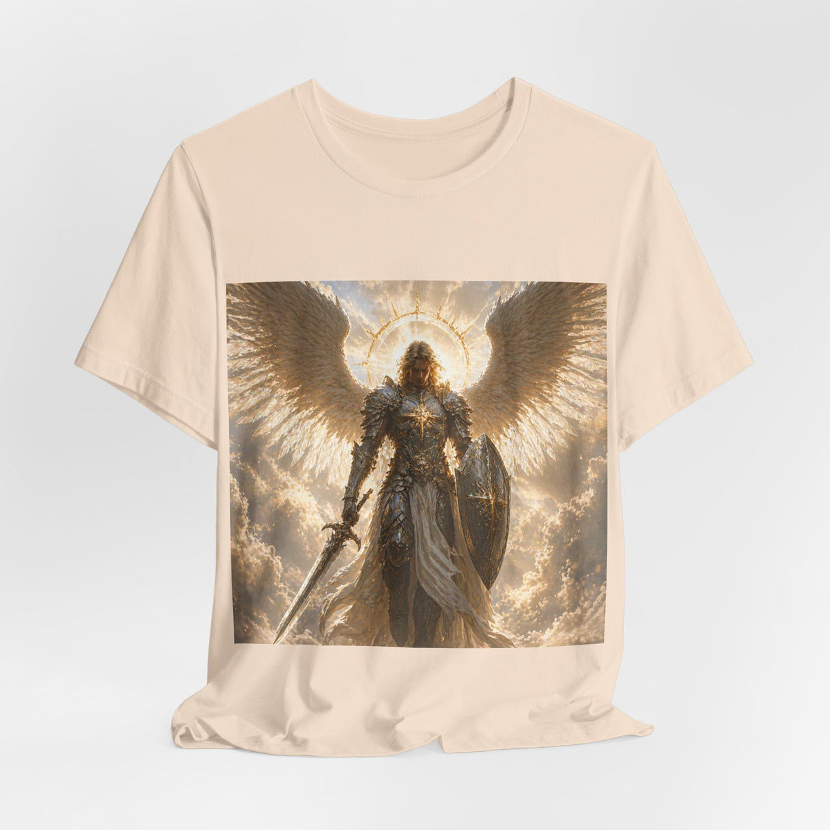 Archangel Warrior Graphic Tee — Golden Angel with Sword & Shield