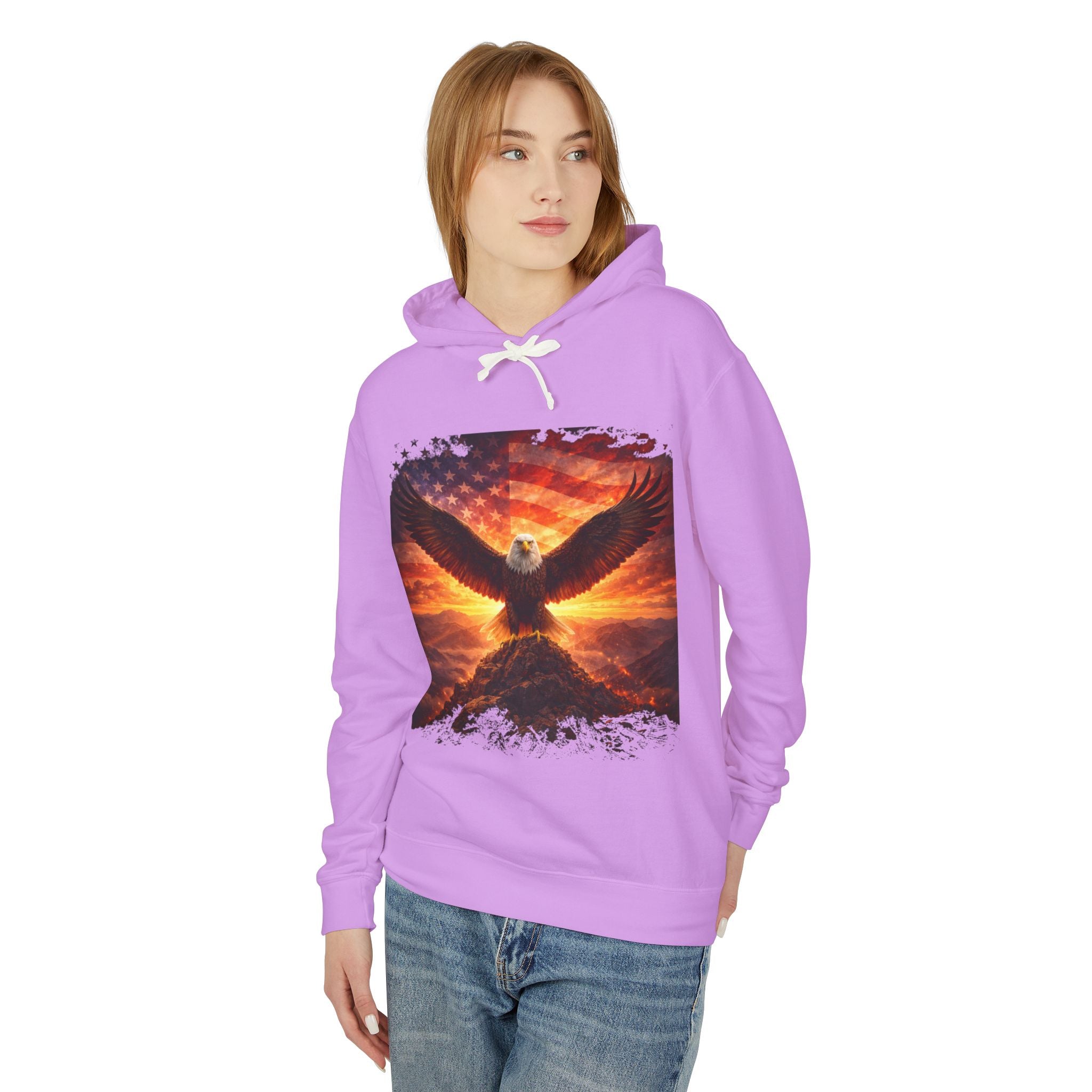 Eagle Rising Hoodie — Patriotic Bald Eagle Sunset Graphic Sweatshirt