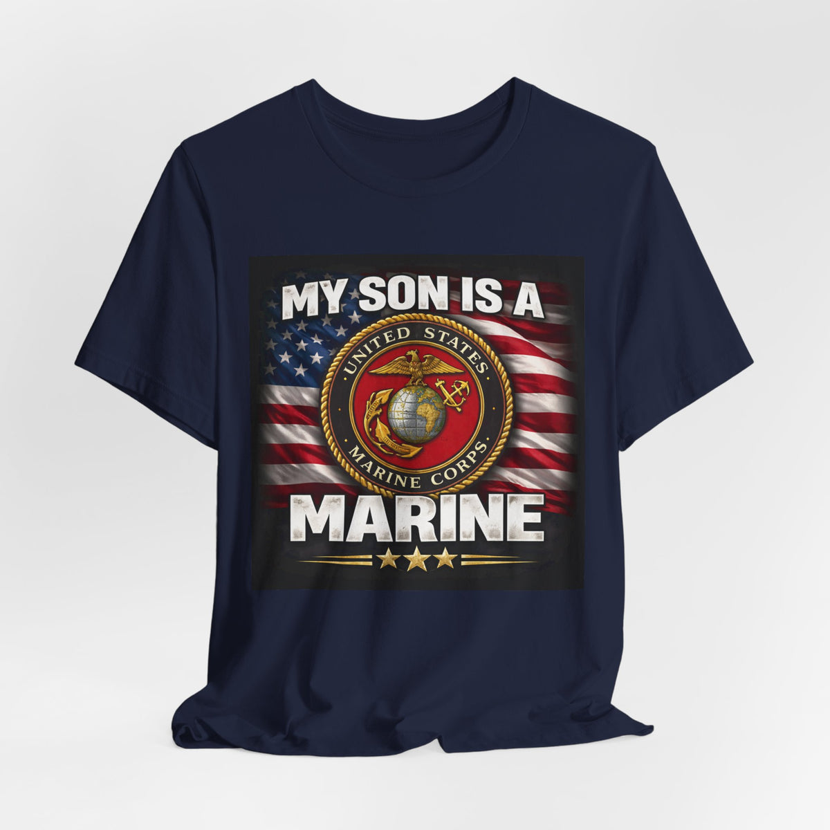 Marine Pride T-Shirt — "My Son Is A Marine" American Flag Emblem