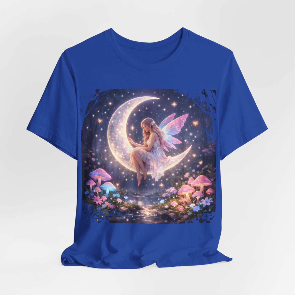 Fairy on the Moon T‑Shirt — Dreamy Fantasy Night Tee with Fairy and Mushrooms