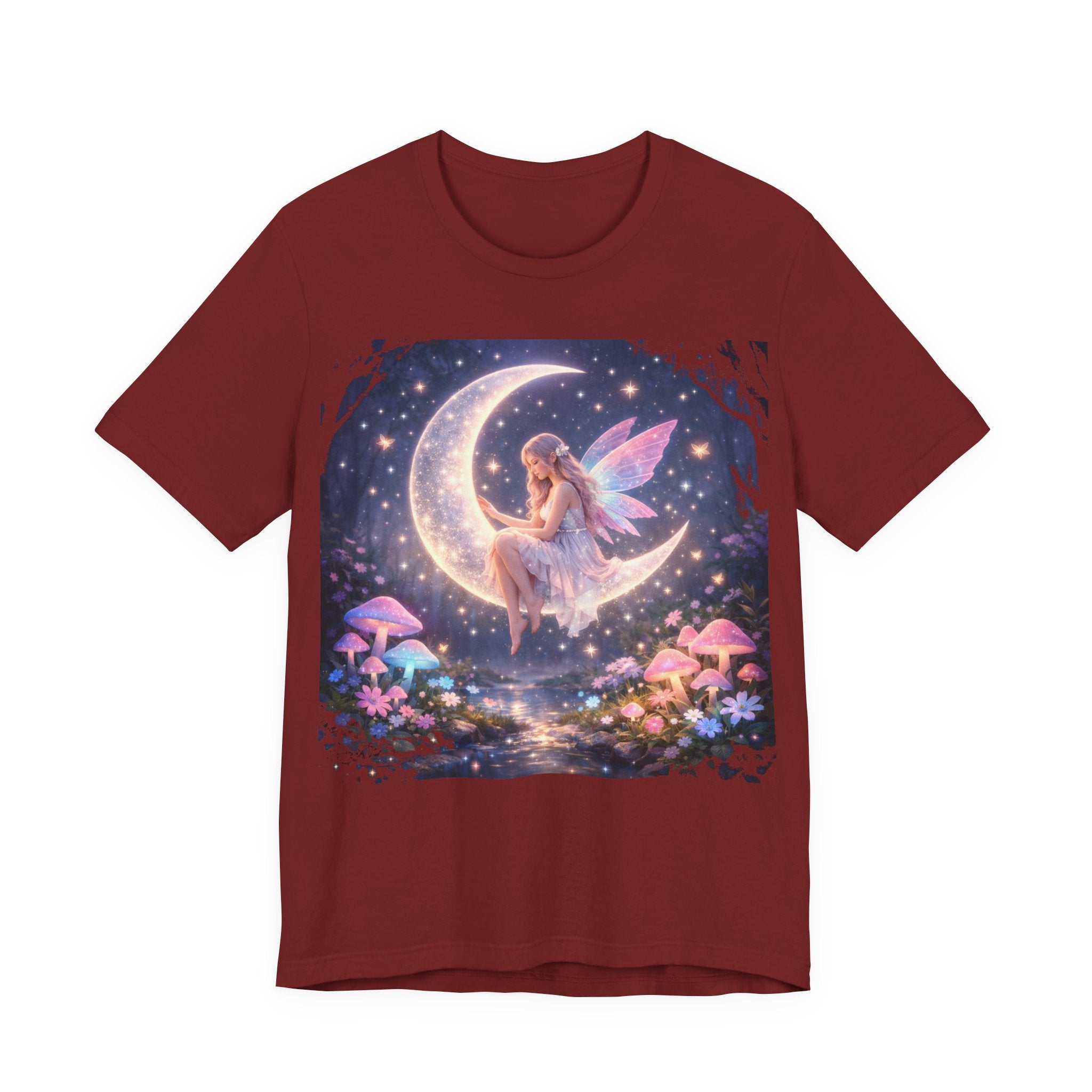 Fairy on the Moon T‑Shirt — Dreamy Fantasy Night Tee with Fairy and Mushrooms