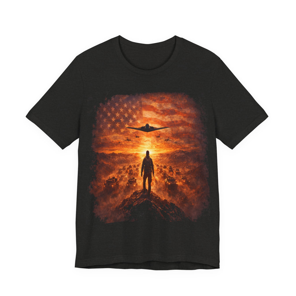 USA-Military Aviation T-Shirt — Bomber Silhouette with American Flag Sunset