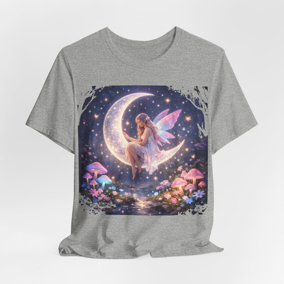 Fairy on the Moon T‑Shirt — Dreamy Fantasy Night Tee with Fairy and Mushrooms